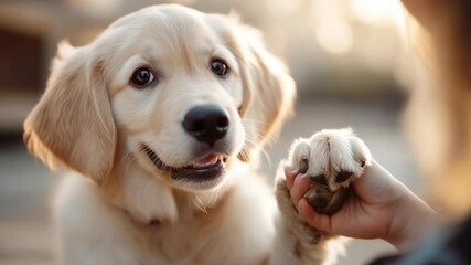Poster - A cute [animal] puppy giving a paw to a human hand. Warm sunlight bathes the scene creating a soft focus in a natural outdoor setting