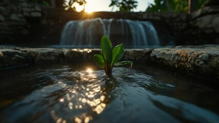 Leinwandbilder - A small plant emerges from water in a stream with a waterfall and bright sunlight in the background