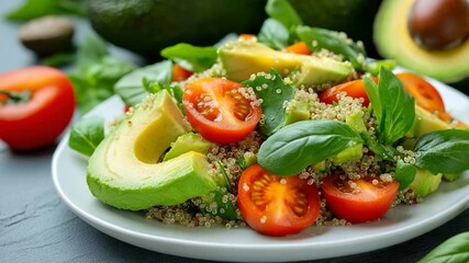 Poster - Close-up of a vibrant healthy salad featuring avocado tomatoes and fresh basil leaves arranged on a white plate on a gray surface with blurred avocadoes in the background