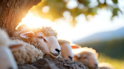 Aufkleber - Close up of sheep under the tree. Sunny day and soft light on the scene. Calm and peacefull moment. Beautiful view of landscape and animals