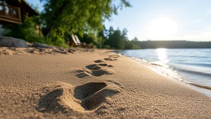 Poster - Footprints in the sand lead towards a calm lake with sunlight reflecting off the water under a clear blue sky with trees on the shoreline