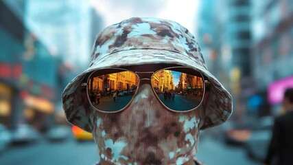 Poster - Person in camouflage hat and face covering wearing sunglasses reflecting city scene. Blurred background features buildings and traffic. Dramatic lighting and selective focus create an atmospheric