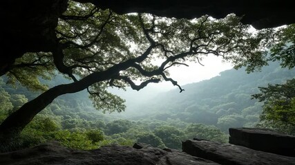 Leinwandbilder - A dramatic landscape shot showcasing a lush green forest and mountains partially obscured by mist viewed from a cave-like opening with a sprawling tree in the foreground