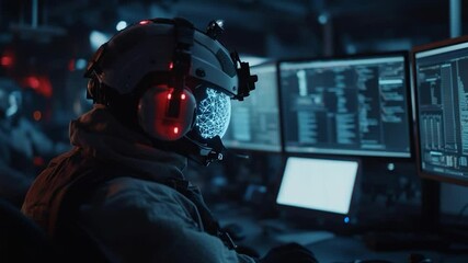 Poster - A person in futuristic gear works on computer screens in a dark room red and blue lights dominate the scene