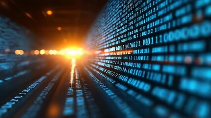 Leinwandbilder - Abstract data stream animation with binary code flowing through a bright tunnel. Blue and orange color scheme creates futuristic feel. Concept for data transfer and technology innovation