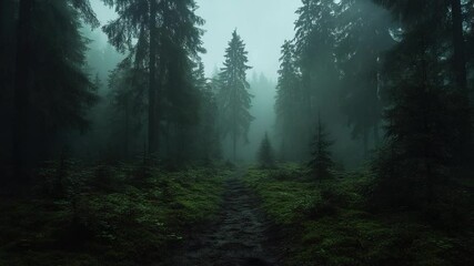 Poster - Eerie forest scene with a path surrounded by dense trees shrouded in mist. The lush green undergrowth and tall trees create a mysterious and moody atmosphere