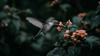 Aufkleber - Hummingbird approaching flowers with wings spread, highlighting nature's beauty. Green foliage backdrop and peachy-orange blooms create a serene, balanced composition