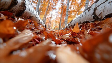 Leinwandbilder - Low angle shot featuring tree trunks and fallen autumn leaves. Orange and yellow leaves with blurred background. Autumnal woodland scene. Cinematic nature view
