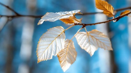 Leinwandbilder - Close up shot of branch with white and yellow leaves. Soft focus background of blurred blue tones. Natural daylight creates a bright atmosphere