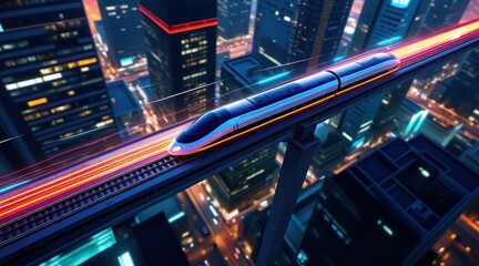 Poster - A futuristic high-speed train speeds through a vibrant cityscape at night, surrounded by glowing lights and modern skyscrapers.