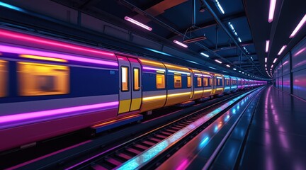Poster - A futuristic subway train with vibrant neon lights travels through a modern underground station, reflecting colorful illumination on sleek surfaces.