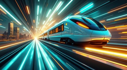 Poster - A futuristic high-speed train rushes through a glowing cityscape at night, highlighting innovation and rapid urban transit.