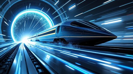 Poster - Futuristic high-speed train racing through a glowing tunnel with blue neon lights and dynamic motion effects.