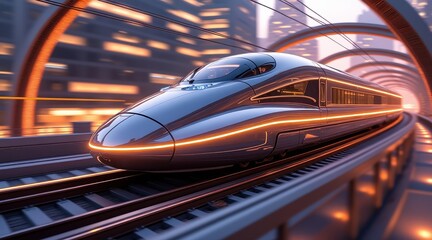 Poster - A sleek, modern high-speed train speeds through a futuristic city with glowing lights and advanced architecture.