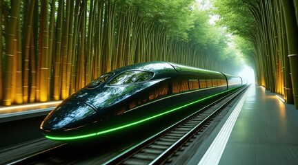 Poster - A sleek modern train speeds through a lush bamboo forest, blending advanced technology with nature.