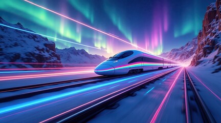 Poster - A futuristic bullet train speeds through snowy mountains under vibrant northern lights in a stunning night scene.