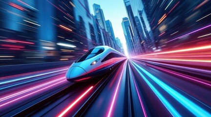 Poster - A futuristic high-speed train speeds through a vibrant cityscape with motion blur and neon lights.