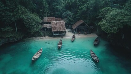 Aufkleber - Aerial view of a tropical bay with generic huts and boats. Turquoise water contrasts with the lush green vegetation. People on the beach contribute to a sense of remote tranquility