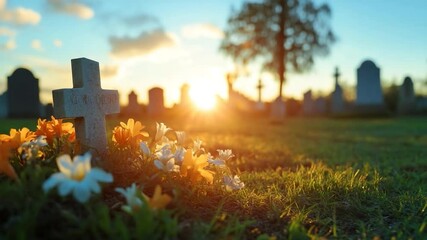Poster - Cemetery scene at sunset featuring a cross gravestone with flowers graves in the background and sun rays. Peaceful ambiance captures nature, loss and remembrance