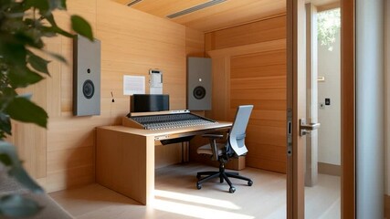 Leinwandbilder - Modern sound studio with wooden walls and light-colored desk including mixing equipment and speakers with greenery accent and open door