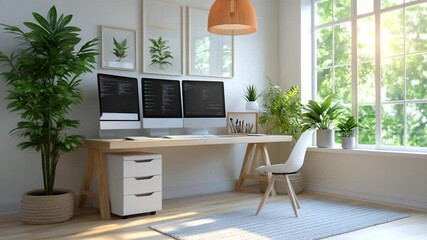 Poster - Bright interior featuring a modern home office with a wooden desk and multiple monitors. Lush greenery adds freshness. The room is illuminated by natural sunlight through a large window