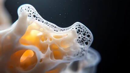 Fototapete - Close-up of a sponge-like structure with intricate holes and bubbles illuminated by a warm orange glow against a dark backdrop resembling depth