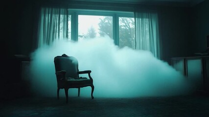 Poster - a dramatic interior scene with a vintage armchair shrouded in teal-colored fog near a window. atmosp
