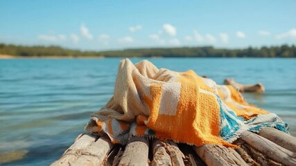 Poster - A bright sunny day on a lake with a towel resting on a raft. Tranquil water reflects the blue sky and distant treeline