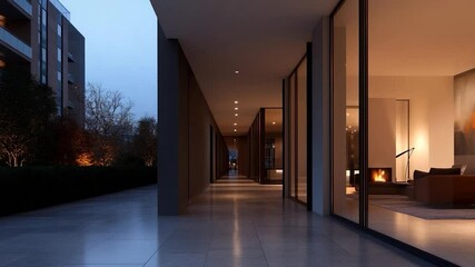 Poster - A long illuminated hallway with modern architectural elements leads to a warm living area with a fireplace during twilight hours. The exterior features a building and soft landscaping