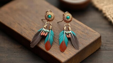 Poster - Close-up of ornate earrings with turquoise and feather accents on a wooden surface