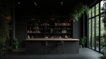 Poster - A modern black interior featuring a library wall wooden countertop bar stools and expansive windows showcasing lush greenery and natural light