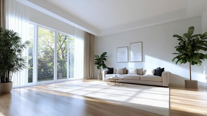 Aufkleber - Bright modern living room with large windows and outdoor view features white and light-colored furniture and plants. The sunlight creates a natural and inviting atmosphere