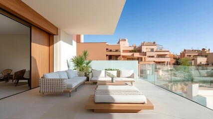 Poster - A modern terrace with white sofas wooden furniture and plants against a clear blue sky creates a serene and inviting outdoor living space with city view