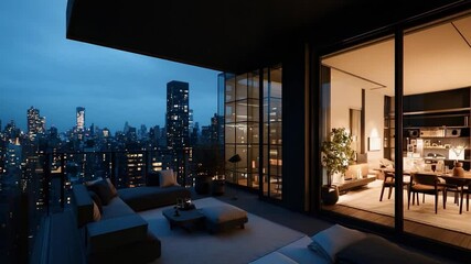Poster - Night view of a luxury balcony overlooking a cityscape featuring outdoor furniture interior lighting and a residential building