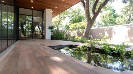Fototapete - Modern outdoor space with wood deck and pond reflecting lush greenery and tree. Sleek architectural design with glass walls and natural lighting