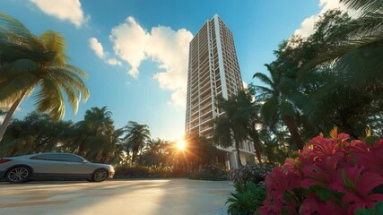 Poster - Towering skyscraper amidst lush tropical greenery with a generic car parked in front under a vibrant blue sky and clouds. Sun flares through palms and flowers