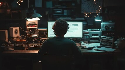 Poster - A person at a desk in a dimly lit room surrounded by equipment is focused on a computer screen. The scene is lit by desk lamps and string lights