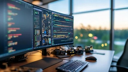 Poster - Office workstation scene featuring triple computer screens displaying code and circuits. A keyboard and mouse sit on the desk with blurred green trees outside the window