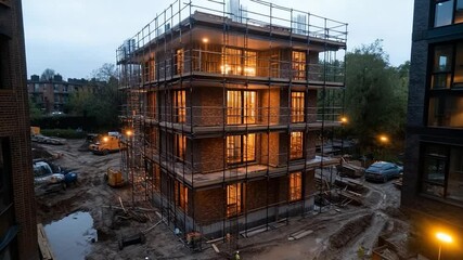 Aufkleber - Construction site featuring a brick building in the evening Scaffolding surrounds the structure revealing interior lights and surrounding buildings and vehicles
