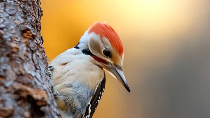 Aufkleber - Close-up of a bird perched on a tree trunk. The bird is colorful with red, white, and black feathers, with a bright background