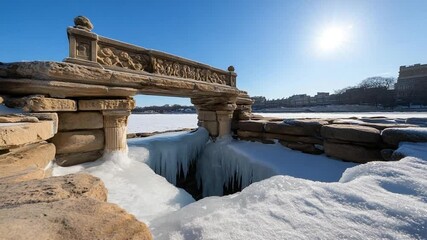 Poster - Stone bridge covered with ice under a blue sky and bright sun. Snow and buildings in the background create a winter scene