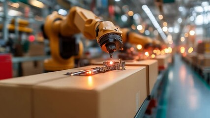 Aufkleber - Automated industrial robot arm assembling components on a production line Boxes and machinery dominate the factory setting Lights and blurred background enhance the modern aesthetic