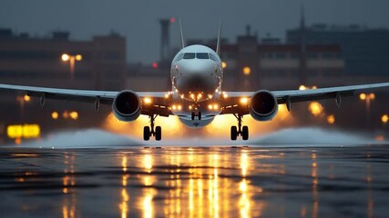 Poster - Airplane landing on wet runway at dusk with illuminated lights and reflections. Focus on the plane's front and its lights, capturing the atmosphere