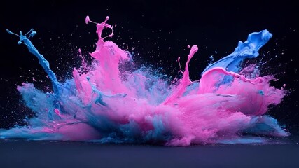 Poster - Abstract explosion of vibrant blue and pink hues creating dynamic shapes against a dark backdrop with a sense of movement and energy