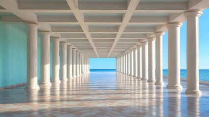 Aufkleber - Elegant colonnade structure with teal wall and checkered floor extends towards the bright blue sky over the sea