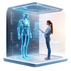 Poster - An AI assistant projected as a hologram, interacting with a user in a modern office. isolated on white background