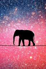 Wall Mural - A silhouette of an elephant walks on a tightrope against a colorful, star-filled galaxy background.