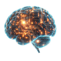 Poster - An AI brain made of glowing wires and circuits, with streams of data flowing through it. isolated on white background