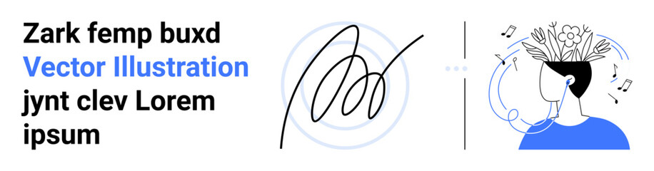 Poster - abstract line art with dynamic design on the left and a person in headphones surrounded by musical n