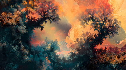 Wall Mural - Vibrant watercolor nebula background with colorful cosmic clouds. [Fractal Eden] | Fractal Thickets | infinite brush. Illustration